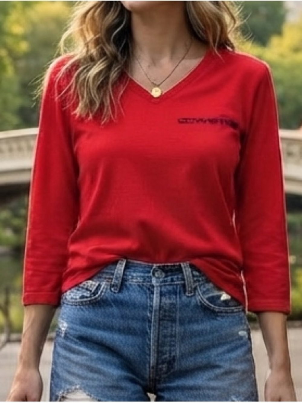 Corvette Embroidered V-Neck Top L Streetwear Moto cotton Tomato Girl